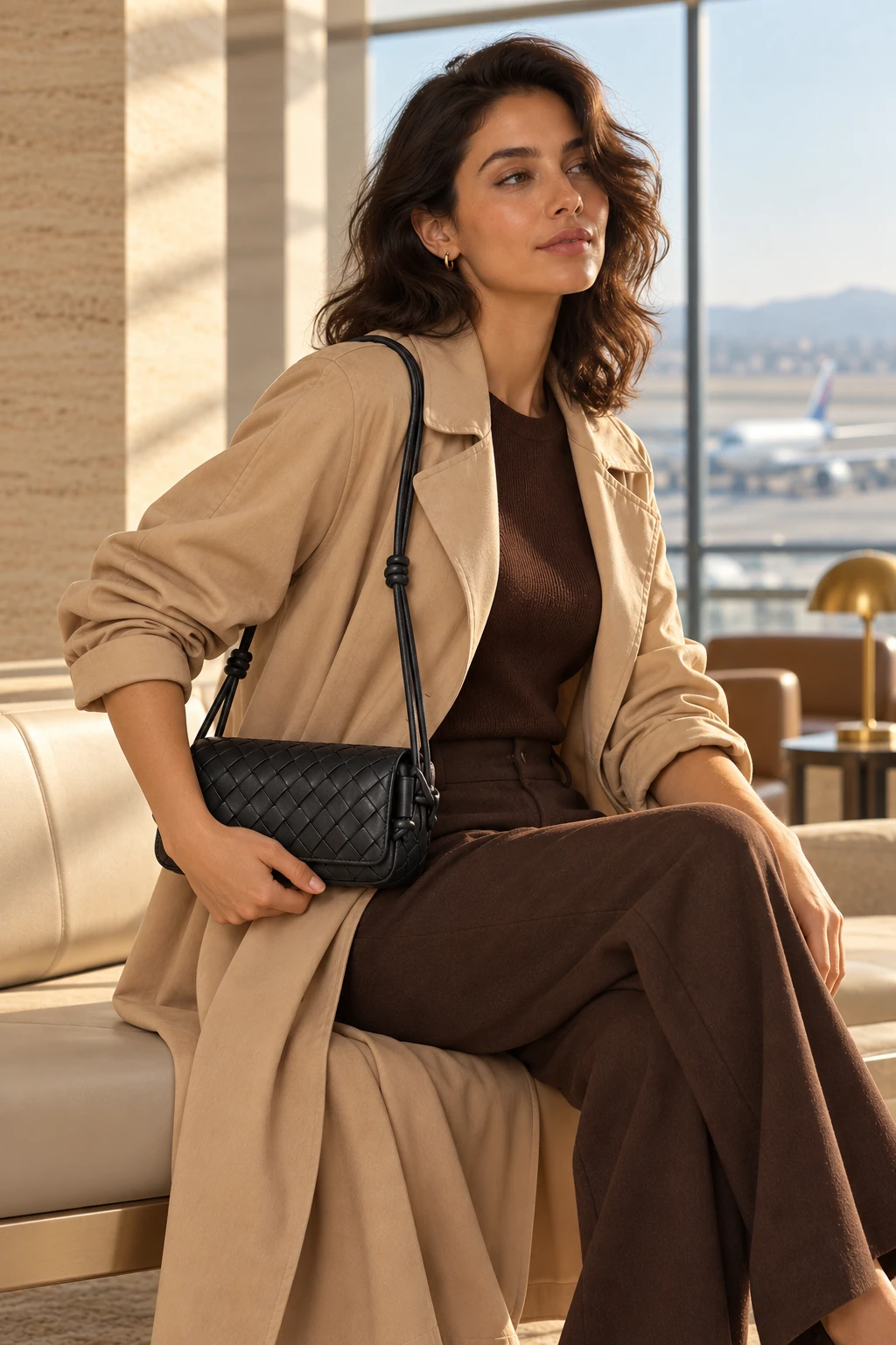 BLANQ campaign model seated in an airport lounge with the black woven bag