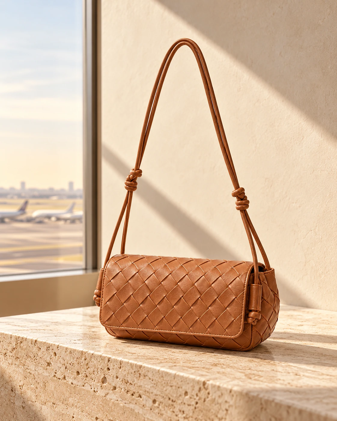 Caramel BLANQ woven bag on pale travertine beside an airport window