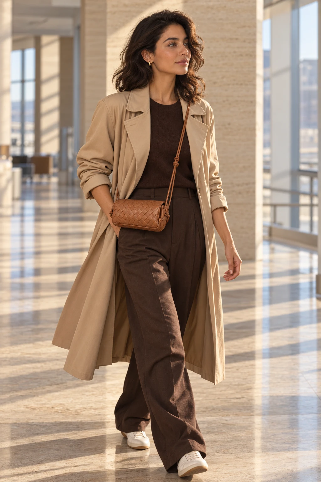 BLANQ campaign model wearing the caramel woven bag crossbody in an airport passage